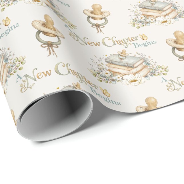 Papier Cadeau A New Chapter Begins Rustic Book Theme Baby Shower (Coin rond)