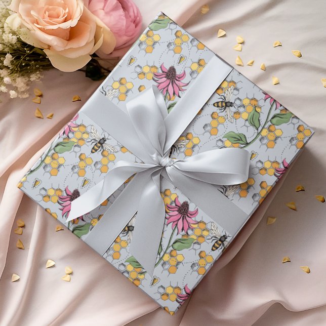 Papier Cadeau Abeille bleu pastel, peigne de miel et fleurs exot (Elegant Hand-Drawn Buzzing Queen Bee, Honeycomb & Pink Exotic Flower Gift Wrap for Nature Lovers.)