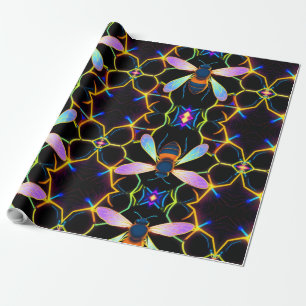 Papier Cadeau Abeille de miel néon vibrante avec Hexagonal Abstr