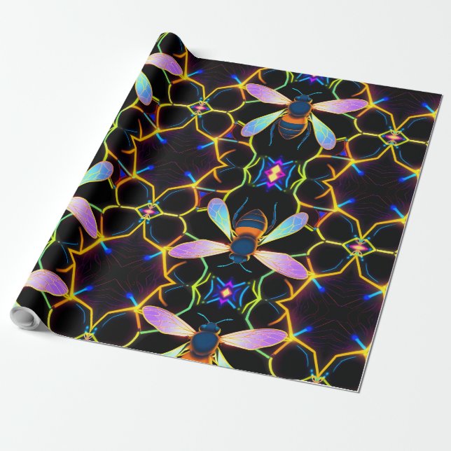 Papier Cadeau Abeille de miel néon vibrante avec Hexagonal Abstr (Déroulé)