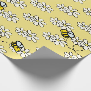 Papier Cadeau Abeille jaune miel et motif de marguerite blanche