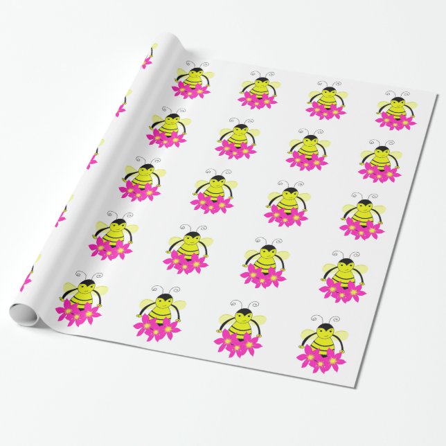 Papier Cadeau Abeille lunaire aux fleurs roses (Déroulé)