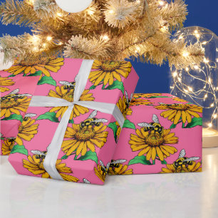 Papier Cadeau Abeille sur motif de fleur de tournesol rose
