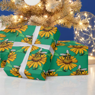 Papier Cadeau Abeille sur motif de fleur de tournesol vert