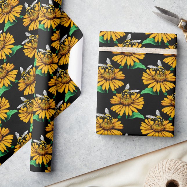 Papier Cadeau Abeille sur Tournesol Fleur Motif Design Noir (Créateur téléchargé)
