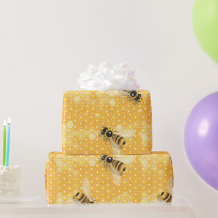 Papier Cadeau Abeilles de miel sur un Motif de nid d'abeille