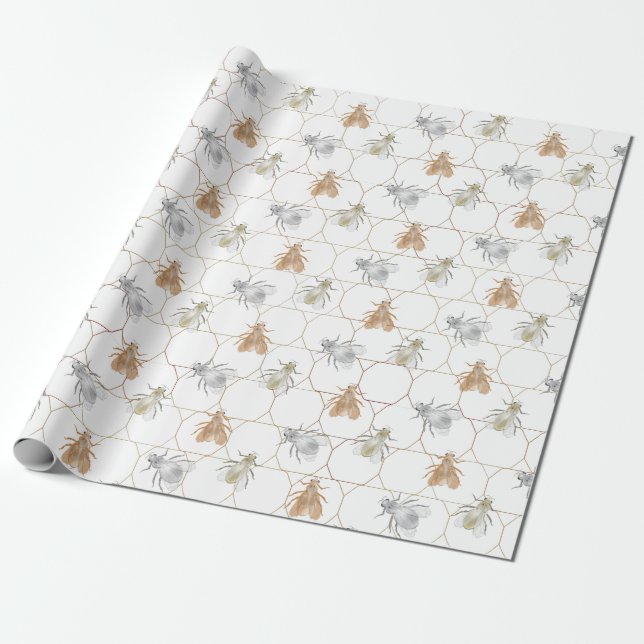Papier Cadeau Abeilles en cuivre argent moderne or (Déroulé)