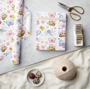 Papier Cadeau Abeilles, Libellules et Papillons Art Kawaii