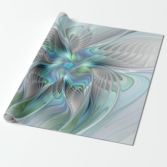 Papier Cadeau Abstrait Bleu Vert Papillon Imaginaire Fractal Art (Déroulé)