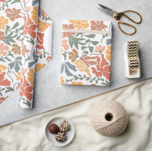 Papier Cadeau Abstrait Floral & Oiseaux Mi-siècle Motif moderne