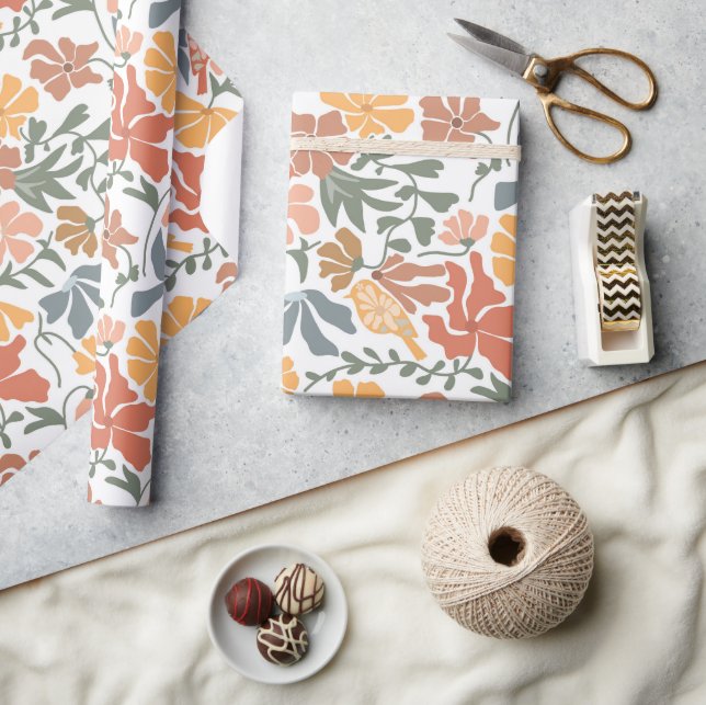 Papier Cadeau Abstrait Floral & Oiseaux Mi-siècle Motif moderne (Artisanat)
