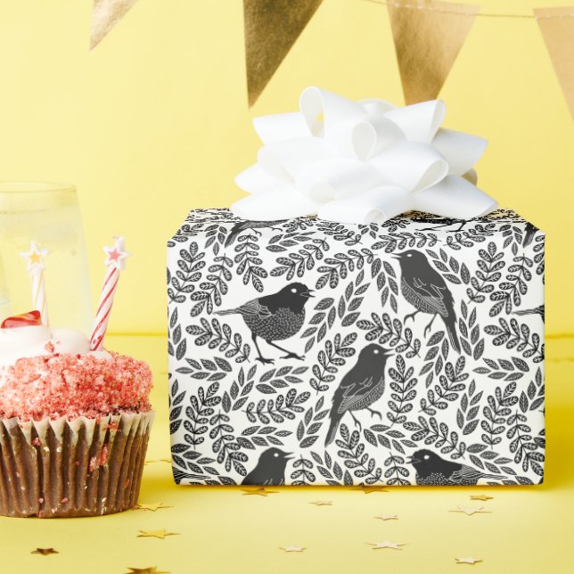 Papier Cadeau Abstrait Moderne Cute Black Birds et Feuille (Fête d'anniversaire)