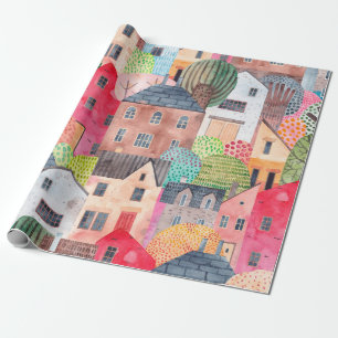 Papier Cadeau Abstrait motif sans couture avec maisons. Aquarell