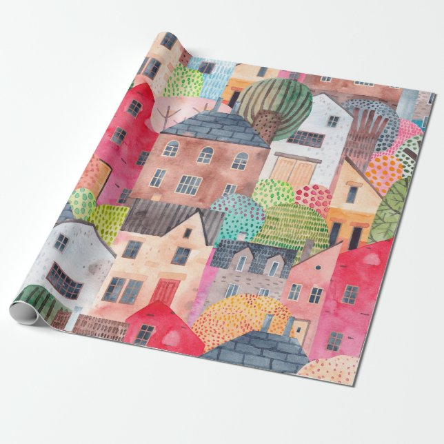 Papier Cadeau Abstrait motif sans couture avec maisons. Aquarell (Déroulé)