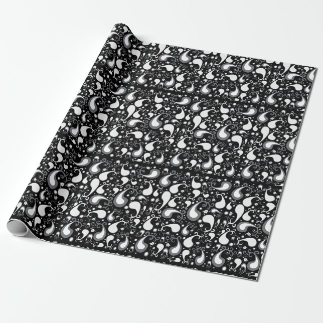 Papier Cadeau Abstrait noir et blanc Tulip Paisley Floral (Déroulé)