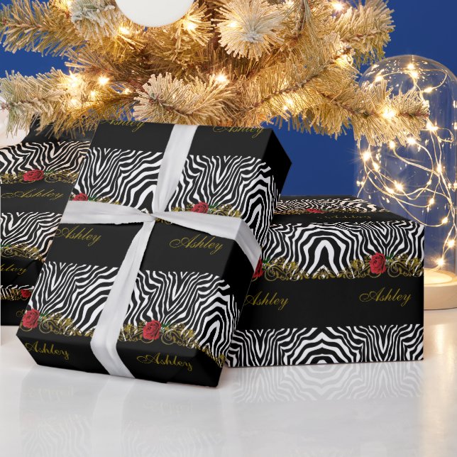 Papier Cadeau Abstraite Fleur Zèbre Rouge Noir Blanc Or         (Vacances)