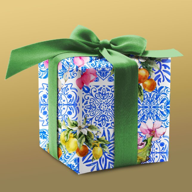 Papier Cadeau Acitrus bleu sicilien jaune azulejo méditerranéen (Créateur téléchargé)