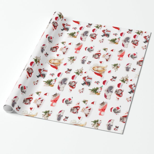 Papier Cadeau Adorable Chatons de Noël 2 Papier à envelopper (Déroulé)