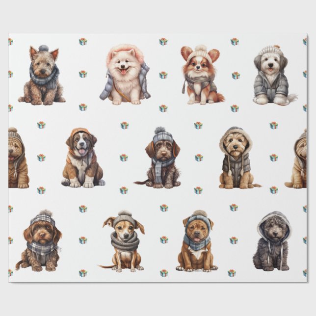 Papier Cadeau Adorable Chiots 6 vacances de Noël en blanc (Plat)