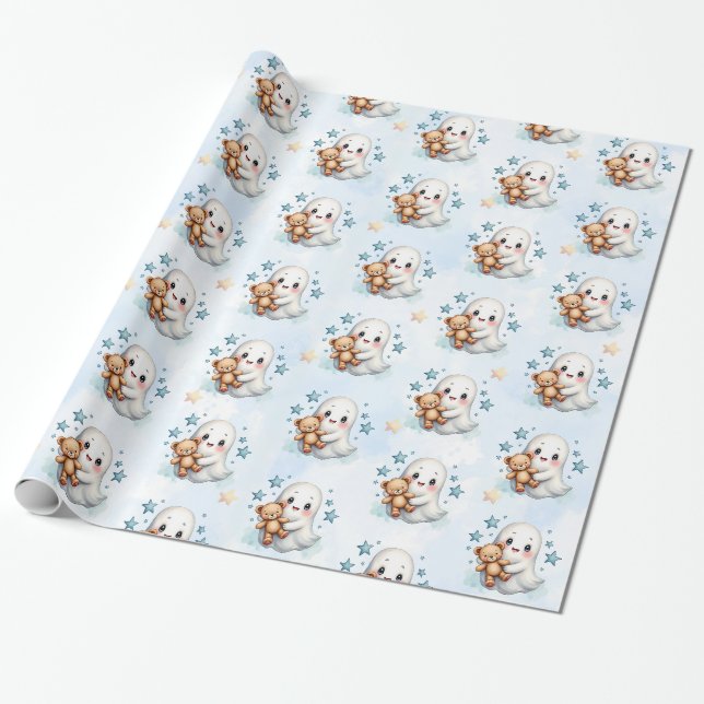 Papier Cadeau Adorable Fantôme & Étoiles Halloween Baby shower à (Déroulé)