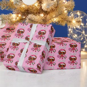 Papier Cadeau Adorable Fille Africaine Américaine & Chiot Noël