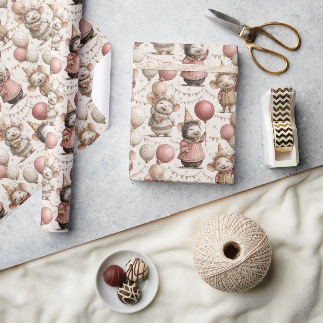 Papier Cadeau Adorable Mouse Birthday Pattern, Pink & Beige (Artisanat)