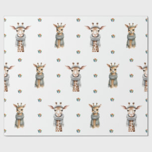 Papier Cadeau Adorable Noël Giraffes sur blanc