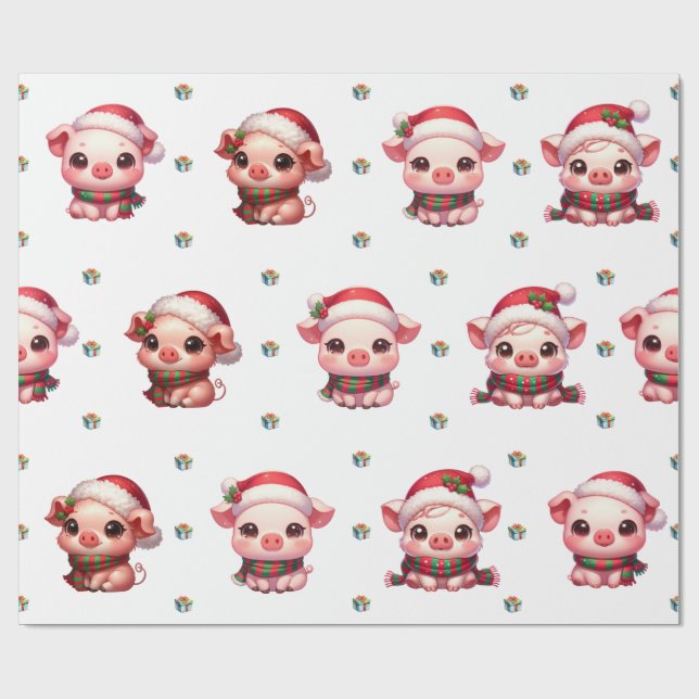 Papier Cadeau Adorable Noël Vacances Kawaii Cochons sur Blanc I (Plat)