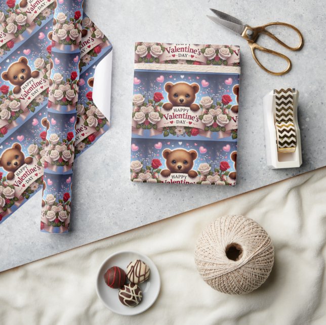Papier Cadeau Adorable ours en peluche avec Roses (Artisanat)
