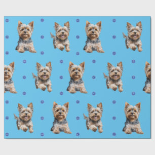 Papier Cadeau Adorable Yorkshire Terrier Noël en bleu