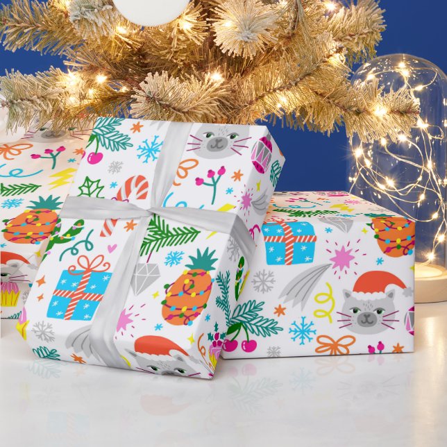 Papier Cadeau Adorables Chats De Noël Cactus Et Ananas (Vacances)