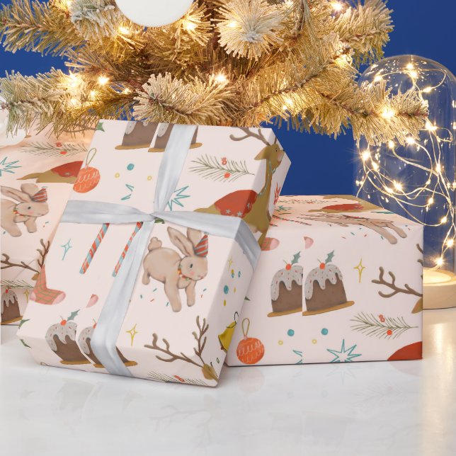 Papier Cadeau Adorables Lapins De Noël Et Rennes (Vacances)