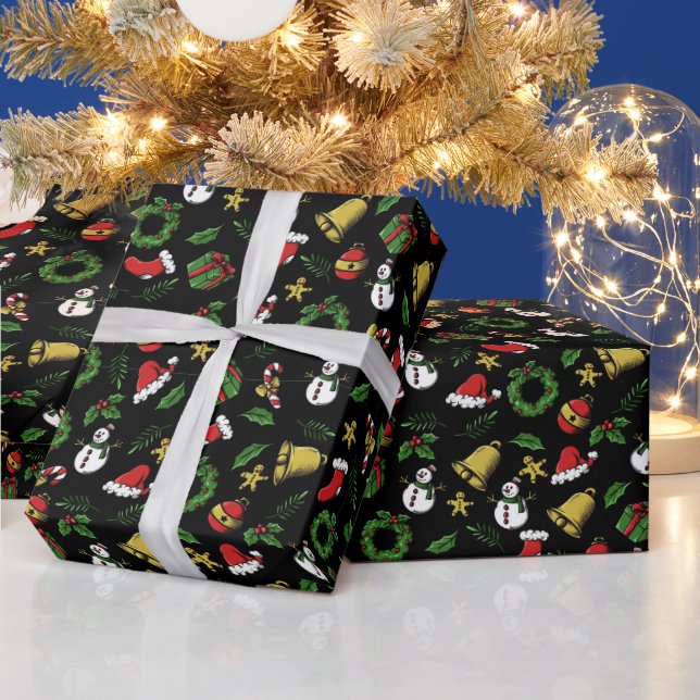 Papier Cadeau Adorables Snowmen De Noël Cloches Et Wreath (Vacances)