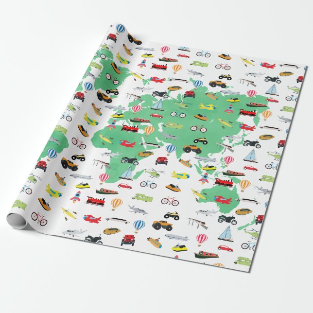 Papier Cadeau Adventure Attend les véhicules de la carte mondial (Déroulé)