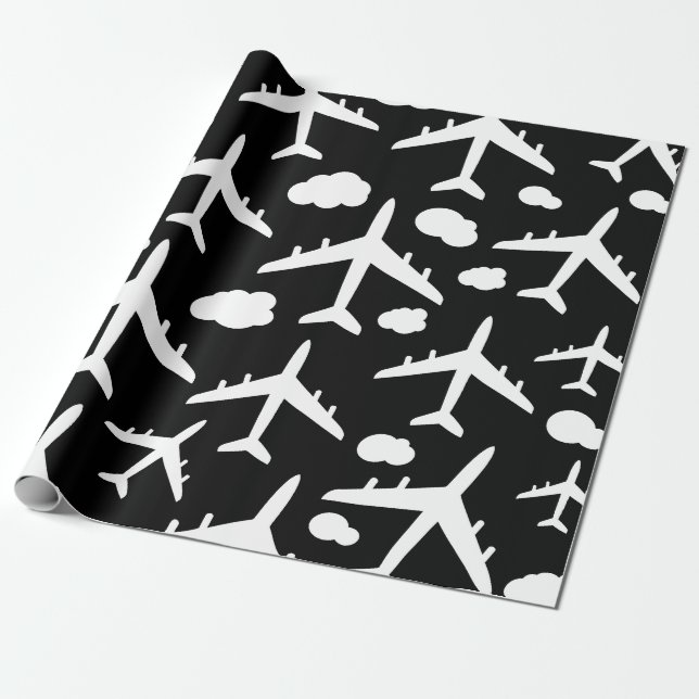 Papier Cadeau Aéronefs à vol noir conception motif d'avion (Déroulé)