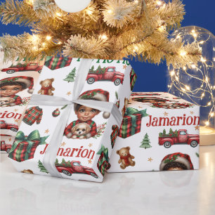Papier Cadeau African American Boy avec chiot Plaid Christmas