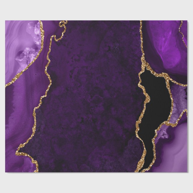 Papier Cadeau Agate Faux Pailleté Violet et Or (Plat)