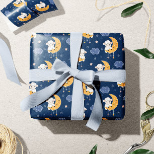 Papier Cadeau Agneau de bébé sur la lune Motif bleu neutre