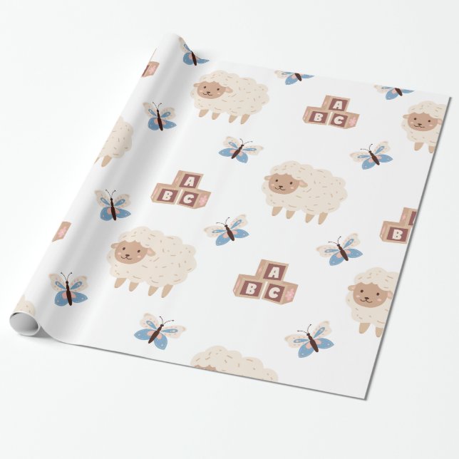 Papier Cadeau Agneau mignon et baby shower papillon  (Déroulé)