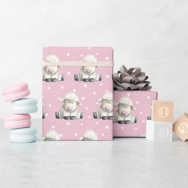 Papier Cadeau Agneaux Bébés Sur Pois (Baby Shower)