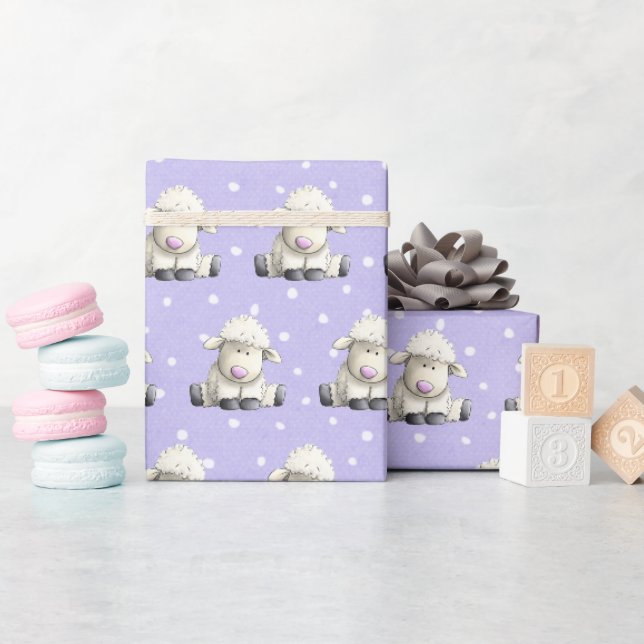 Papier Cadeau Agneaux Pour Bébés À Pois Violets (Baby Shower)