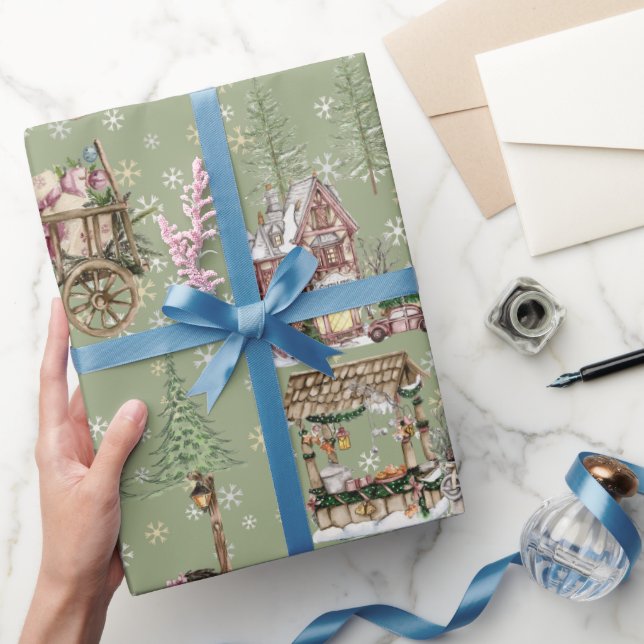 Papier Cadeau Agritourisme rustique sauge vert arbres à neiger (Cadeaux)