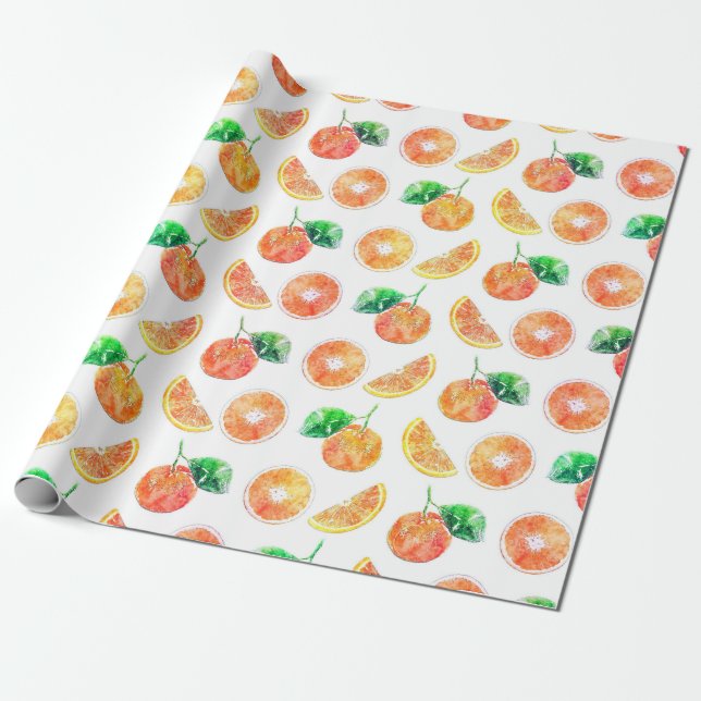 Papier Cadeau Agrumes Orange Fruits aquarelle peinture blanc Art (Déroulé)