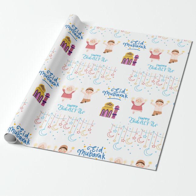 Papier Cadeau Aïd Moubarak Blanc Pour Les Enfants (Déroulé)