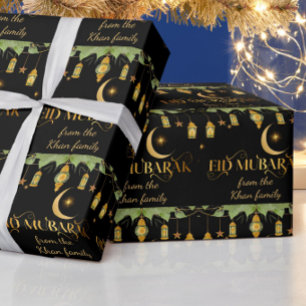 Papier Cadeau Aïd Moubarak Nom Personnalisé Gold Lanternes Noire