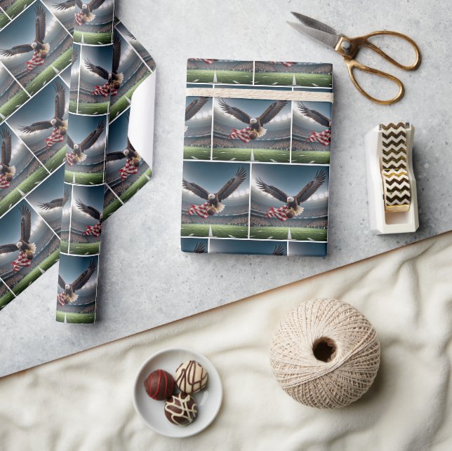 Papier Cadeau Aigle Bald Volant Avec Football Et Drapeau (Artisanat)