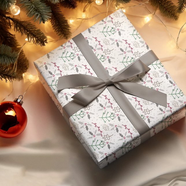 Papier Cadeau Aiguilles de pin vert foncé Baies de houx rouges M (Créateur téléchargé)