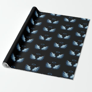 Papier Cadeau Ailes d'ange lumineuses bleues sur fond noir
