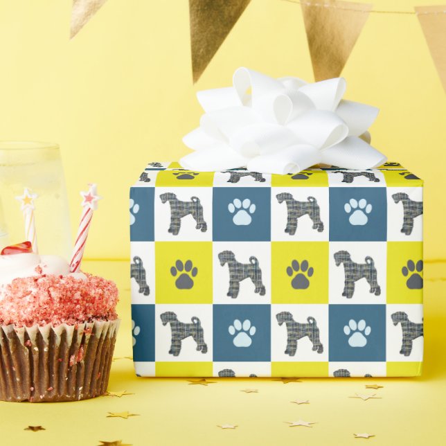 Papier Cadeau Airedale Terrier Chien & Paw Silhouette Jaune Bleu (Fête d'anniversaire)