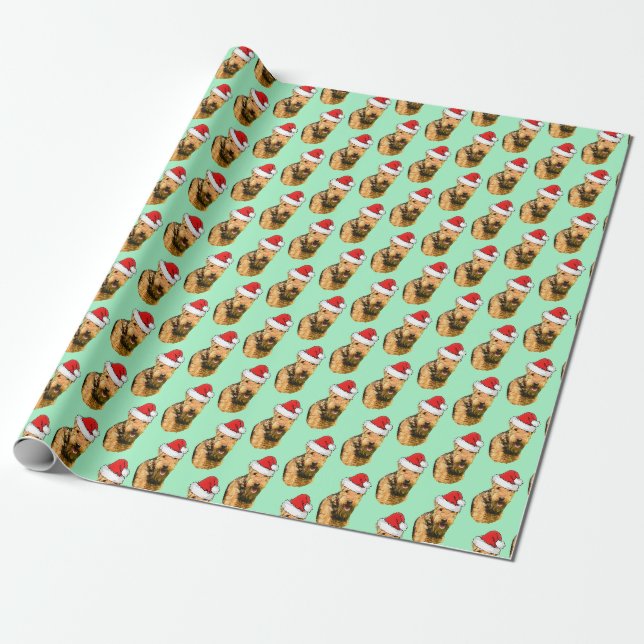 Papier Cadeau Airedale Terrier portant un chapeau de Père Noël (Déroulé)